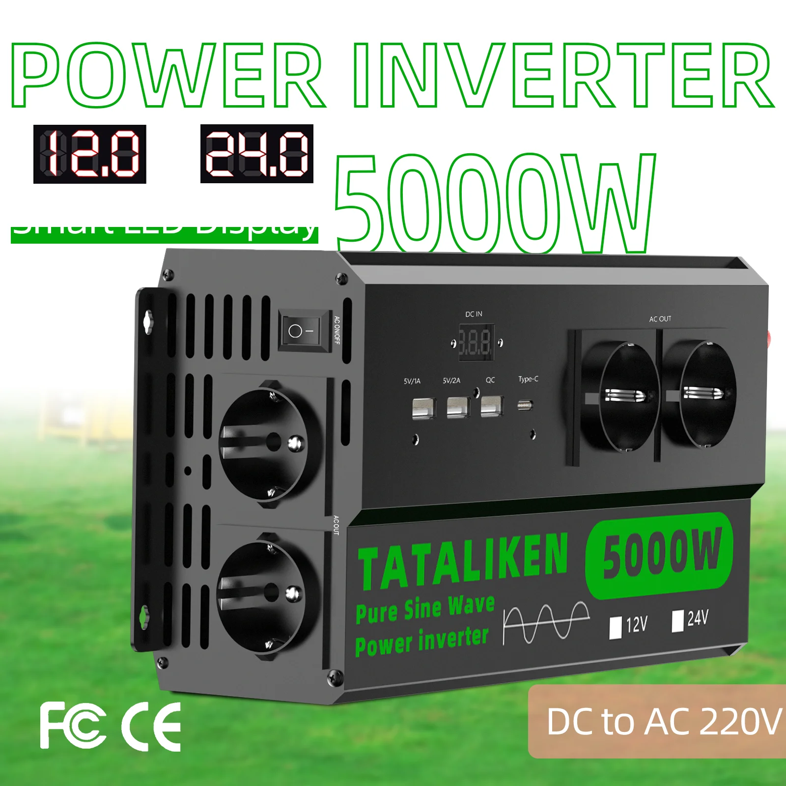 9000W reiner Sinuswellen-Wechselrichter 12V auf 220V für Kraftfahrzeuge mit 4 EU-Steckdosen, leiser Stromwechselrichter