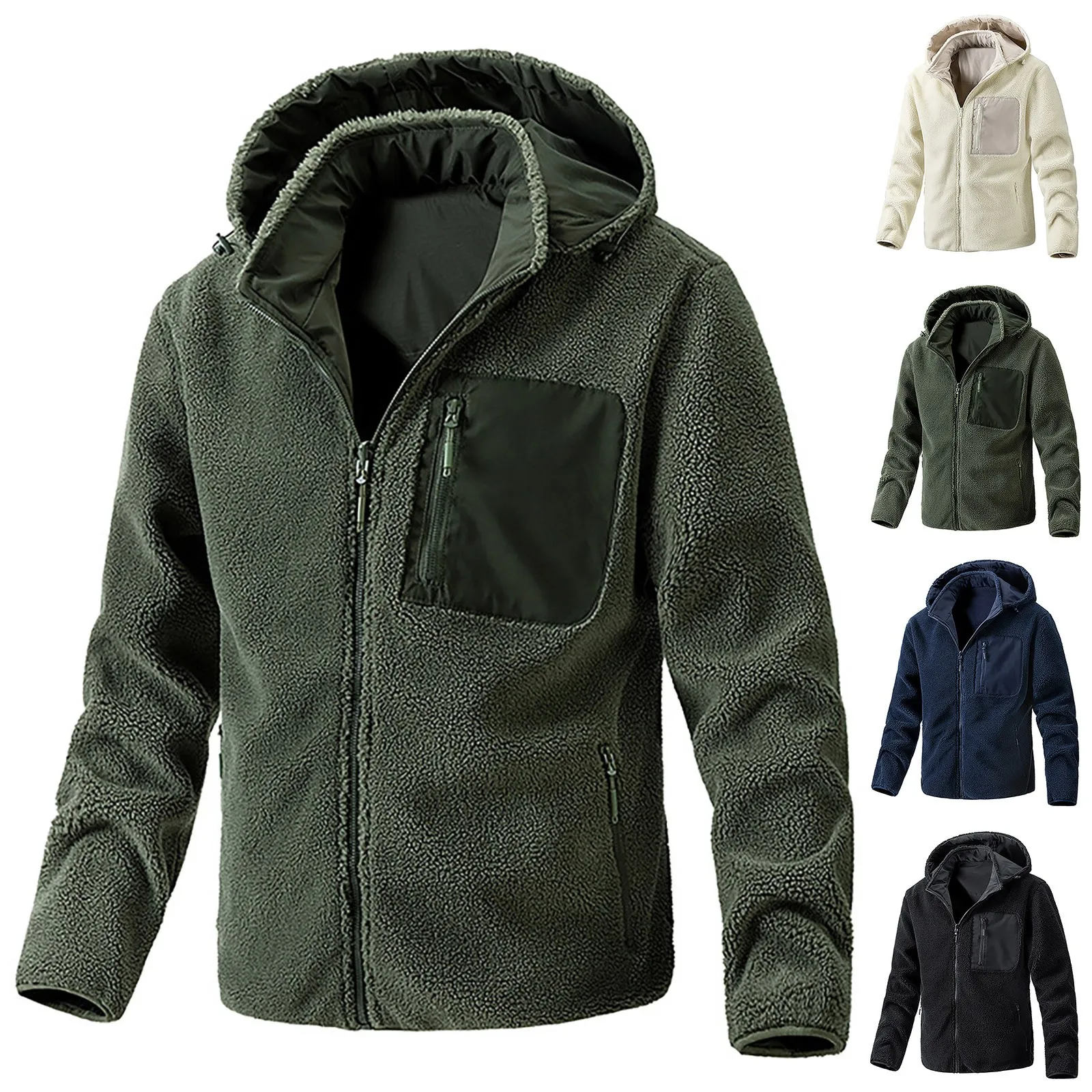 

Japan and South Korea 2024 New Spring Autumn Men Fleece Thick Jacket Casual Zip-Up Pocket Work Outdoor Warm Hooded Coats Jacket