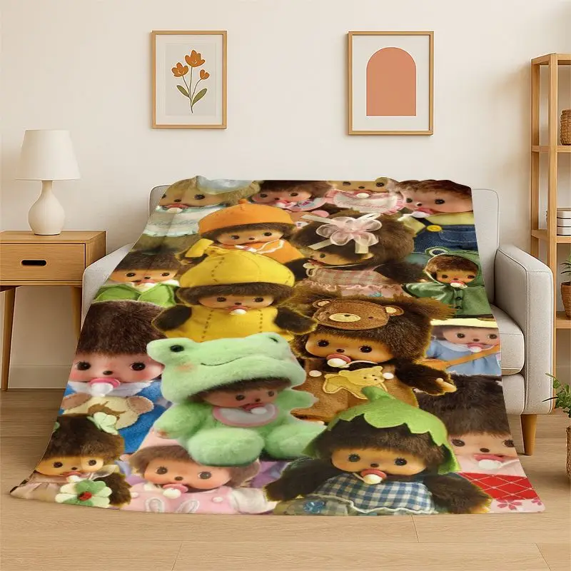 HD M-Monchhichi Cute Cartoon Monkey Holiday Flannel Blanket Soft Throw Blanket for Bedroom Living Room Bed office Picnic Gift