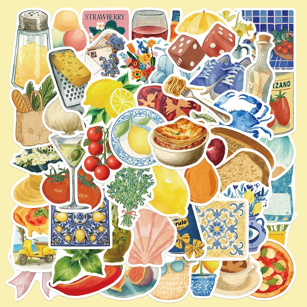 

10/54PCS Mediterranean Style Stickers Cartoon Food Graffiti Decals Toys Creative DIY Water Cup Stationery Box Scrapbook Diary