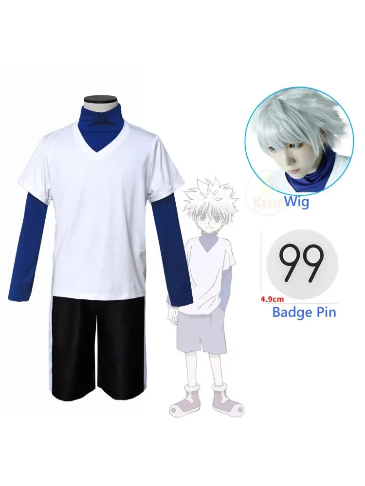 헌터 x 헌터 Killua Zoldyck 코스프레 의상 번호 99 배지 할로윈 크리스마스 파티 코스프레 정장 셔츠 짧은 흰색 가발