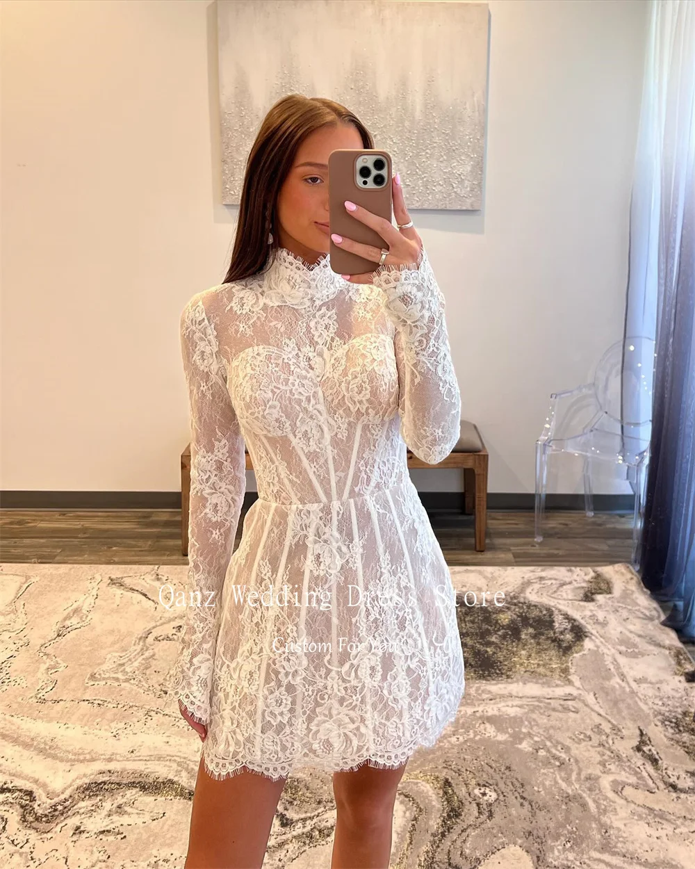 Qanz Chic Lace Appliques Mini Wedding Dresses Long Sleeves High Neck See Through Illusion Party Bride Dress Vestido De Noiva