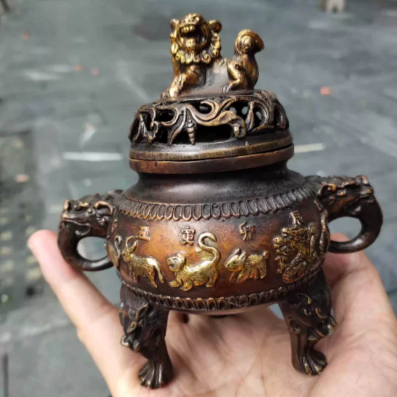 Vintage Gilt Copper Tripod Incense Burner with Zodiac Relief - Traditional Chinese Buddhist Censer, Home Altar Decor & Ornament