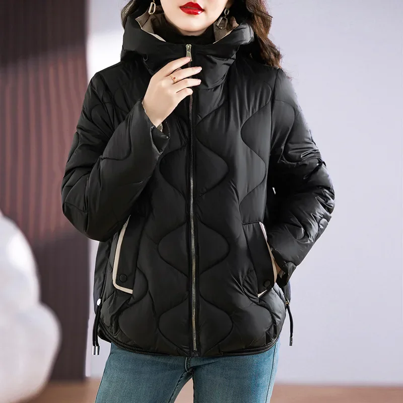 Autumn Winter Solid Women Short Jackets Loose Hooded Wave Quilted Padded Zipper Pockets Drawstring Hem Warm Fashion Outfit