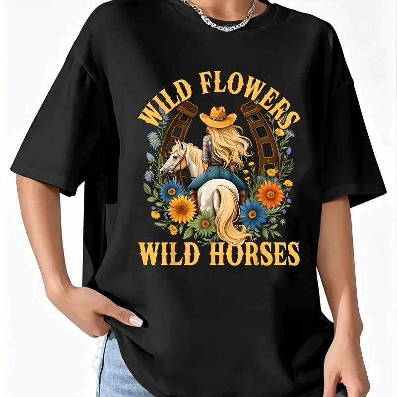 Vintage Southern Sunset Cowgirl Wildflowers Bronco Women's 100% Cotton T-Shirt Fun Print Short Sleeve Top Casual Round Neck Tee S-5Xl