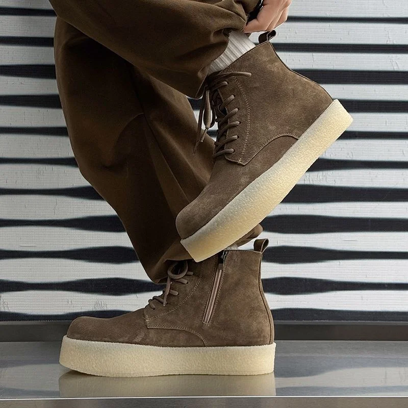 

Outdoor Boots Men's Trendy High-Top Work Boots round Toe Thick Bottom Laced Motorcycle Boots Wear-Resistant UK Style