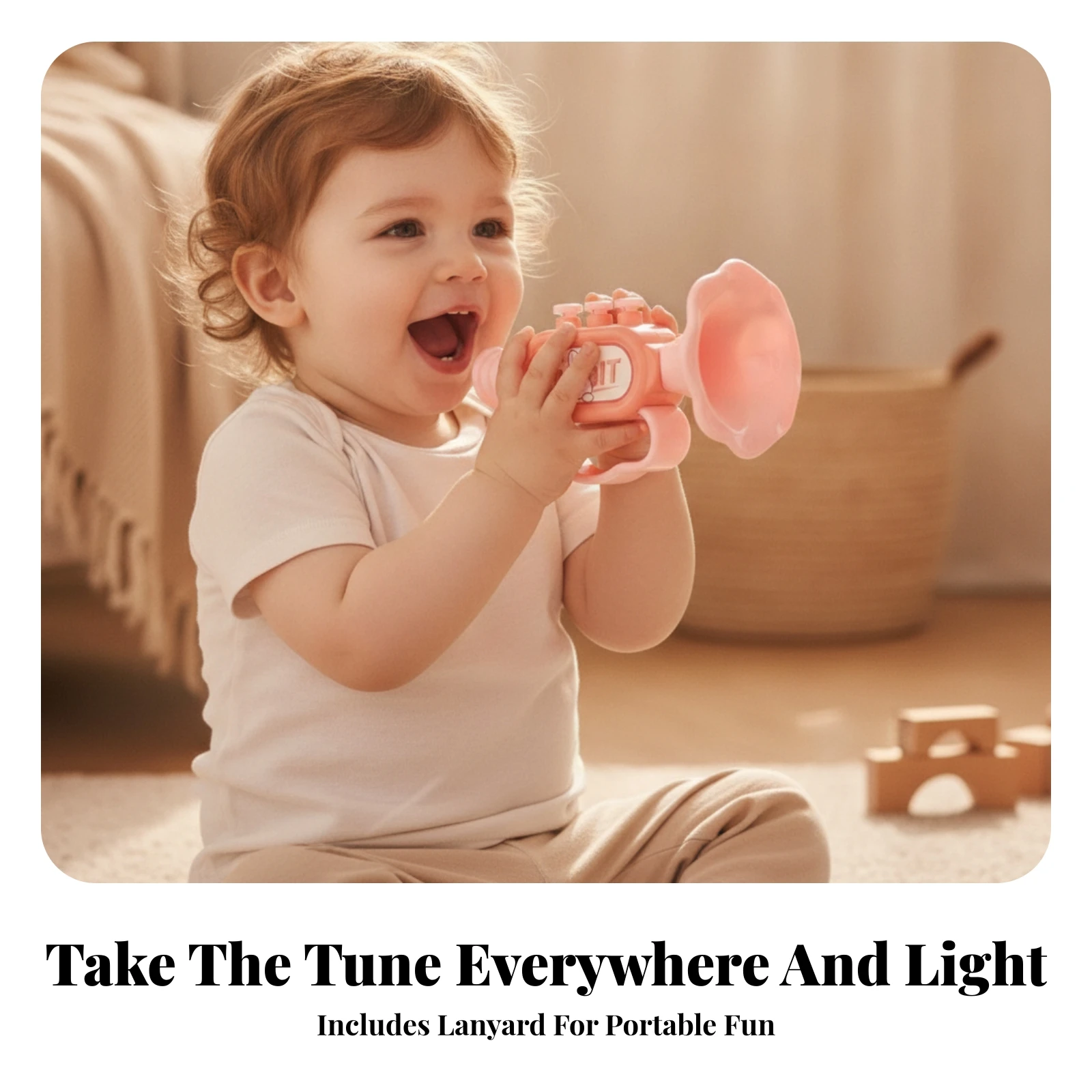 Toy Trumpet with Hanging Cord Sensory Toy Mouthpiece with Beads Easy-to-Grip Safe for Toddlers, Early Music Play, Travel