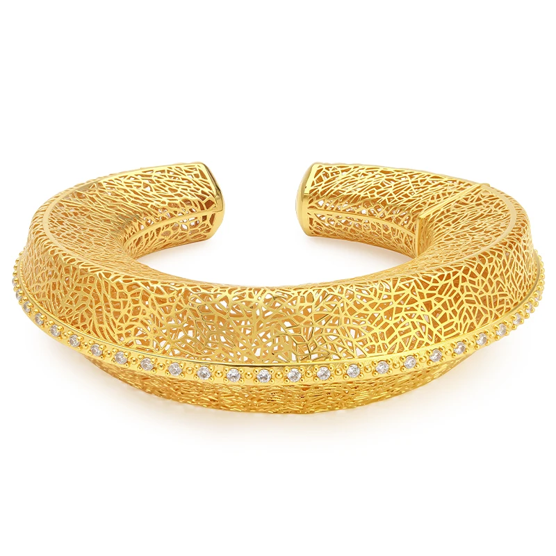 IVOG Wide Mesh Open Cuff Bangle Women Party Pulsera Brazalete Hollow Weave CZ Inlaid Unique Statement Fashion Jewelry