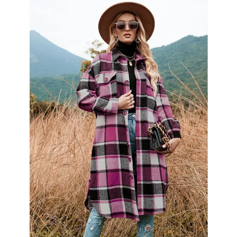 

Blends Shirt Coats Side Slit Lapel Loose Woolen Y2K Wool Trench Coat Women Long Sleeve Plaid Coat Pockets Shirt Jackets