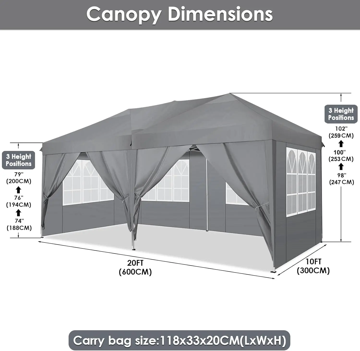 10x20 Pop Up Canopy Tent with 6 Sidewalls Tents for Parties Waterproof Camping Canopy Party Tent Outdoor Portable Gazebo Grey