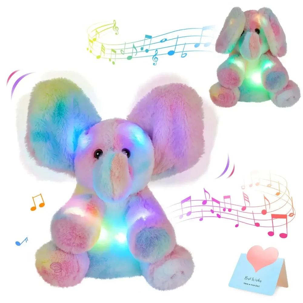 28cm Plush Rainbow Elephant Doll Toys Muscial LED Luminous Electric Moving Ears Stuffed Animals Throw Pillows Toy for Girls