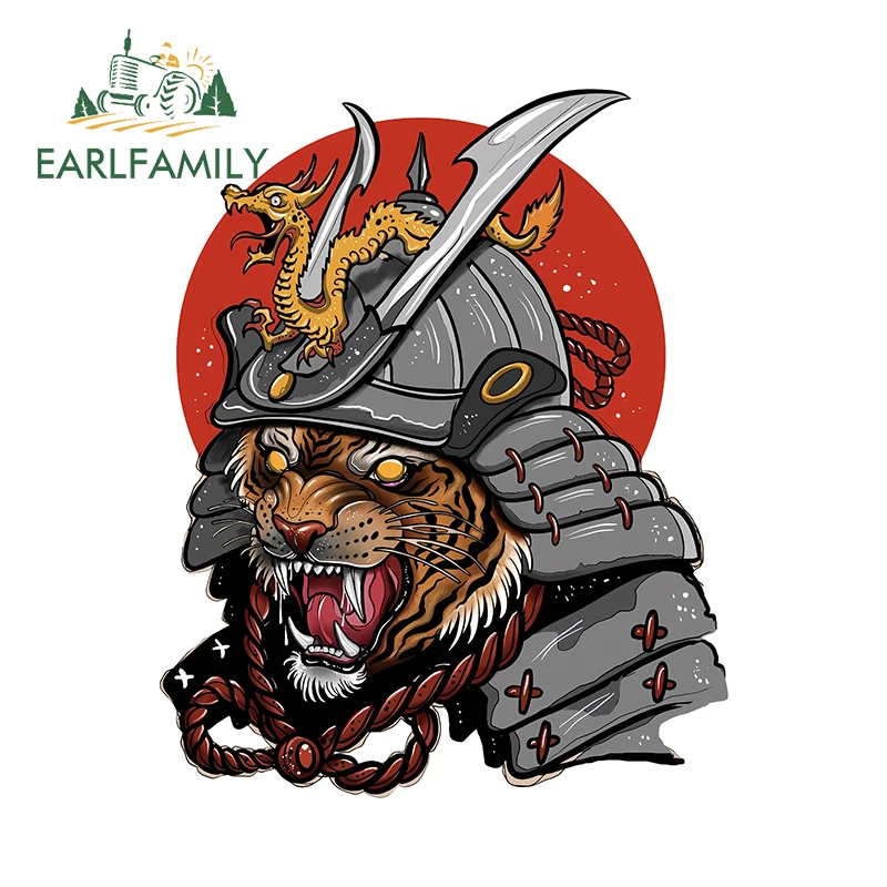 EARLFAMILY Cool Samurai Tiger Graffiti Design Car Stickers Retro Personality Fuel Tank Cap Decals Nice Sunscreen Car Goods