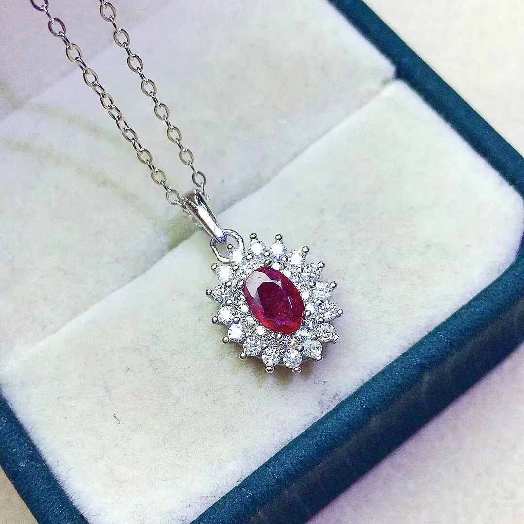 Natural Ruby Jewelry for Wedding 4mm*6mm 0.5ct Ruby  Pendant Set 925 Silver Ruby Jewelry with  for Woman Gift