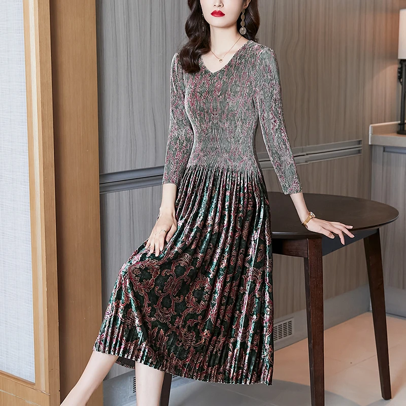 

French Fashion Elegant Printed Dress Women's Autumn Vintage V-Neck Pleated Dress 2023 New Fashion Loose Fit Floral Dress Vestido