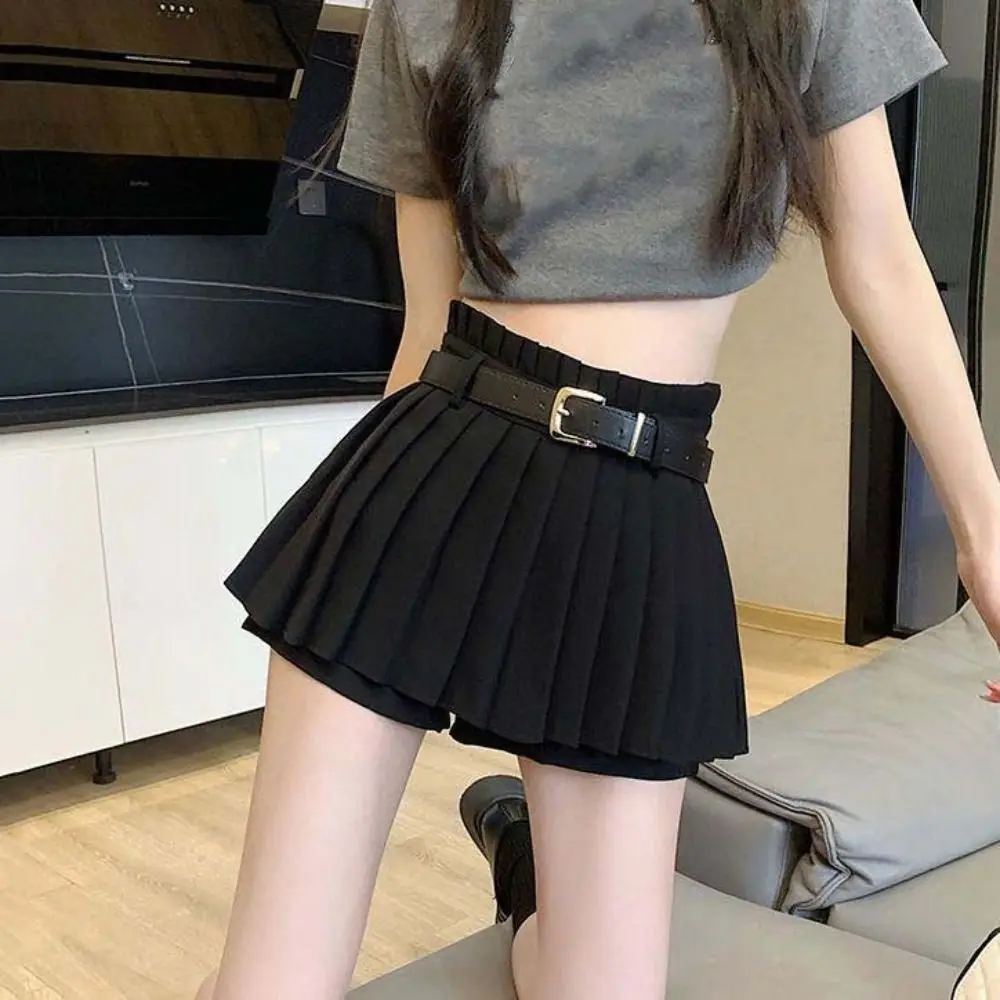 

Fashion Y2K A-Line Mini Skirts Preppy Style Sweet Pleated Skirt With Belt High Waist Ruffled Skirts with Safty Pants Students