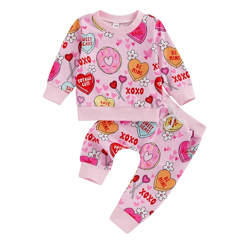 

Baby Girls 2-piece Outfit Heart Print Long Sleeve Hoodie with Sweatpants Valentines Day Clothes