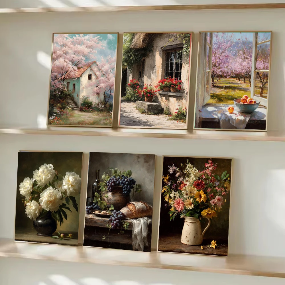 Vintage Orchard Window Spring Cottage Garden Poster Print Rustic House Wheat Still Life Canvas Painting Living Room Home Deco