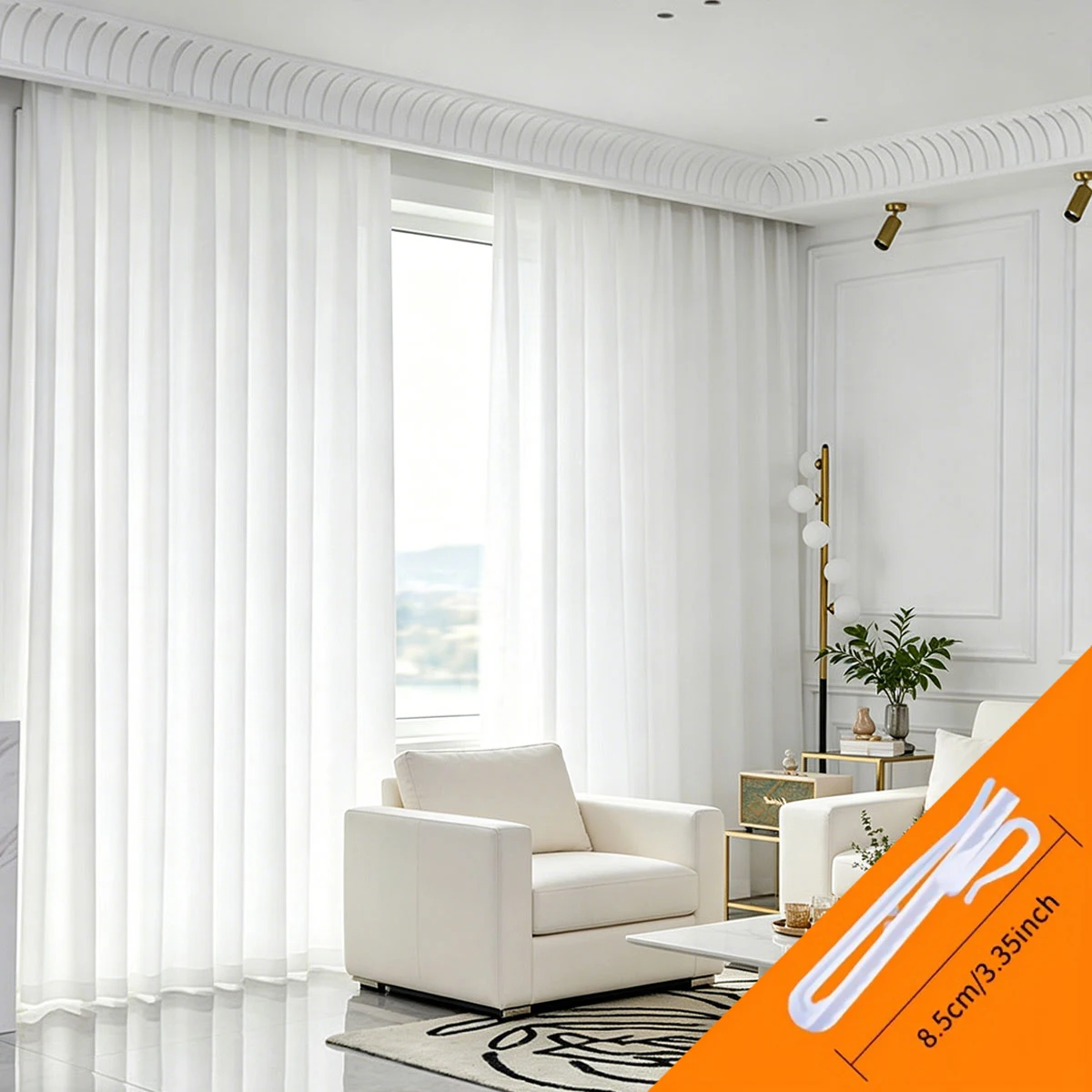 2pcs Pinch Pleat White Sheer Curtains, Transparent Voile Drapes for Living Room & Bedroom