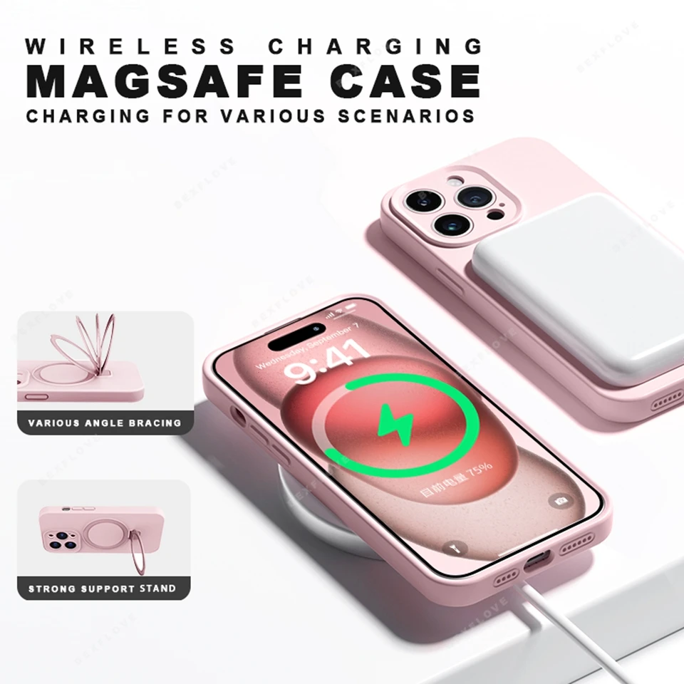 磁気リングホルダー Liduid シリコーンスタンド電話ケース iPhone 15 14 16 プラス 11 12 13 16 プロマックス Magsafe プロテクターソフトカバー