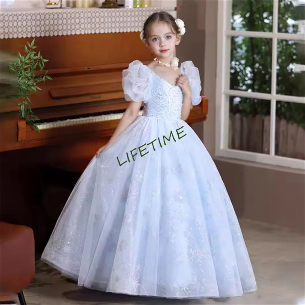 Vestido azul de lentejuelas de lujo personalizado para niña, vestido largo de encaje con cuello en V para princesa, cumpleaños, boda, fiesta, desfile, vacaciones