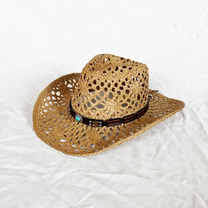 Summer Women's Men's Ethnic Style Western Cowboy Straw Hat Punk Style Handmade Hollow Sun Hat Rolled Edge Sunscreen Beach Cap