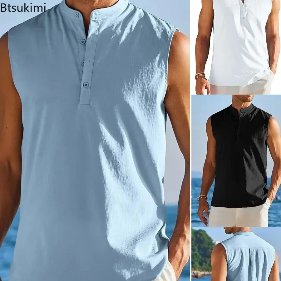 

2025 Men's Casual Hippie Style Stand-up Collar Tank Tops Solid Loose Sleeveless Shirt Trendy Streetwear Summer Clothing New Tees