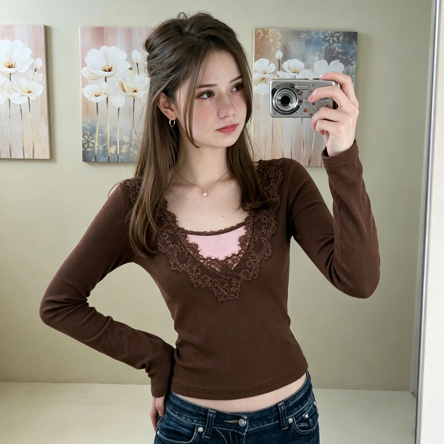 [RUOKE] Coquette Lace Trim Long Sleeve Top Women Y2K Sweet Slim Fit T-shirt Cute Vintage Streetwear Spring Fall Valentine's Day