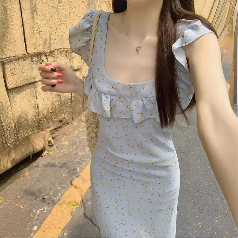 Vestido francés de alta calidad con borde con volantes y flores para mujer, falda larga ajustada con tirantes y cuello cuadrado, Vintage Y2k, verano 2025, 2023