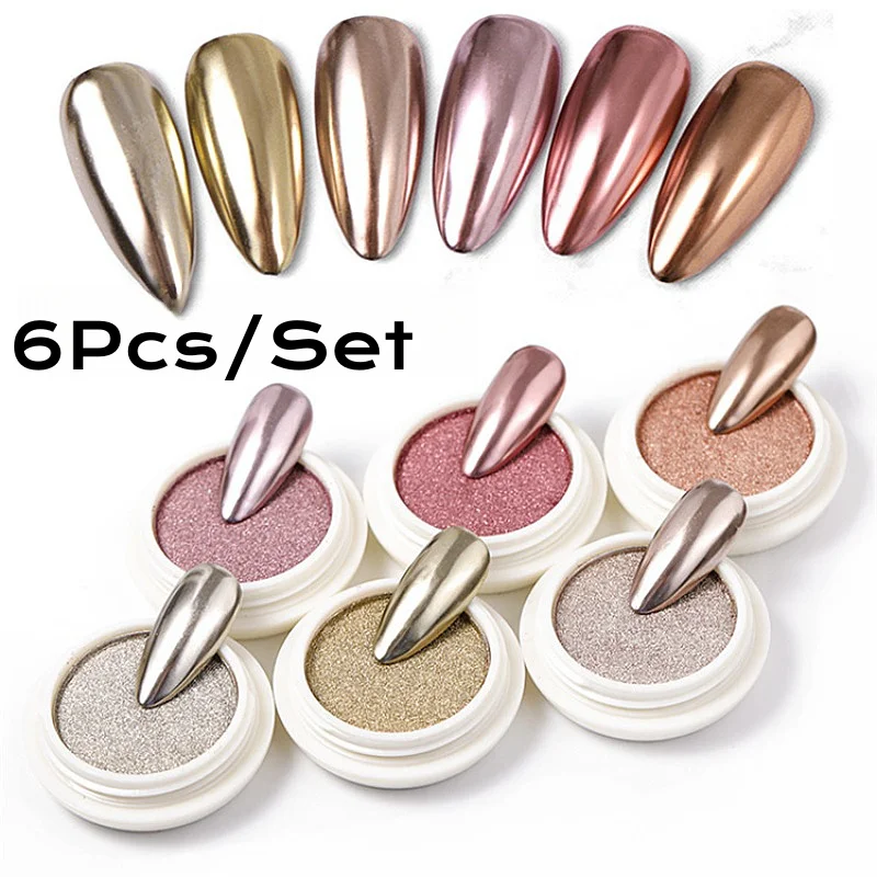 6 pz/set polvere per unghie cromata oro rosa effetto specchio metallico pigmento per Nail Art polvere Glitter olografica per la decorazione del Manicure * ^