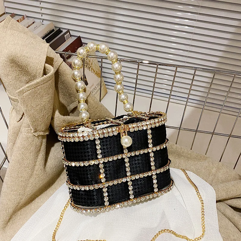 Diamonds Basket Evening Clutch Bags Women 2023 Luxury Hollow Out Pearl Beaded Metallic Cage Handbags Ladies Wedding Party Purse