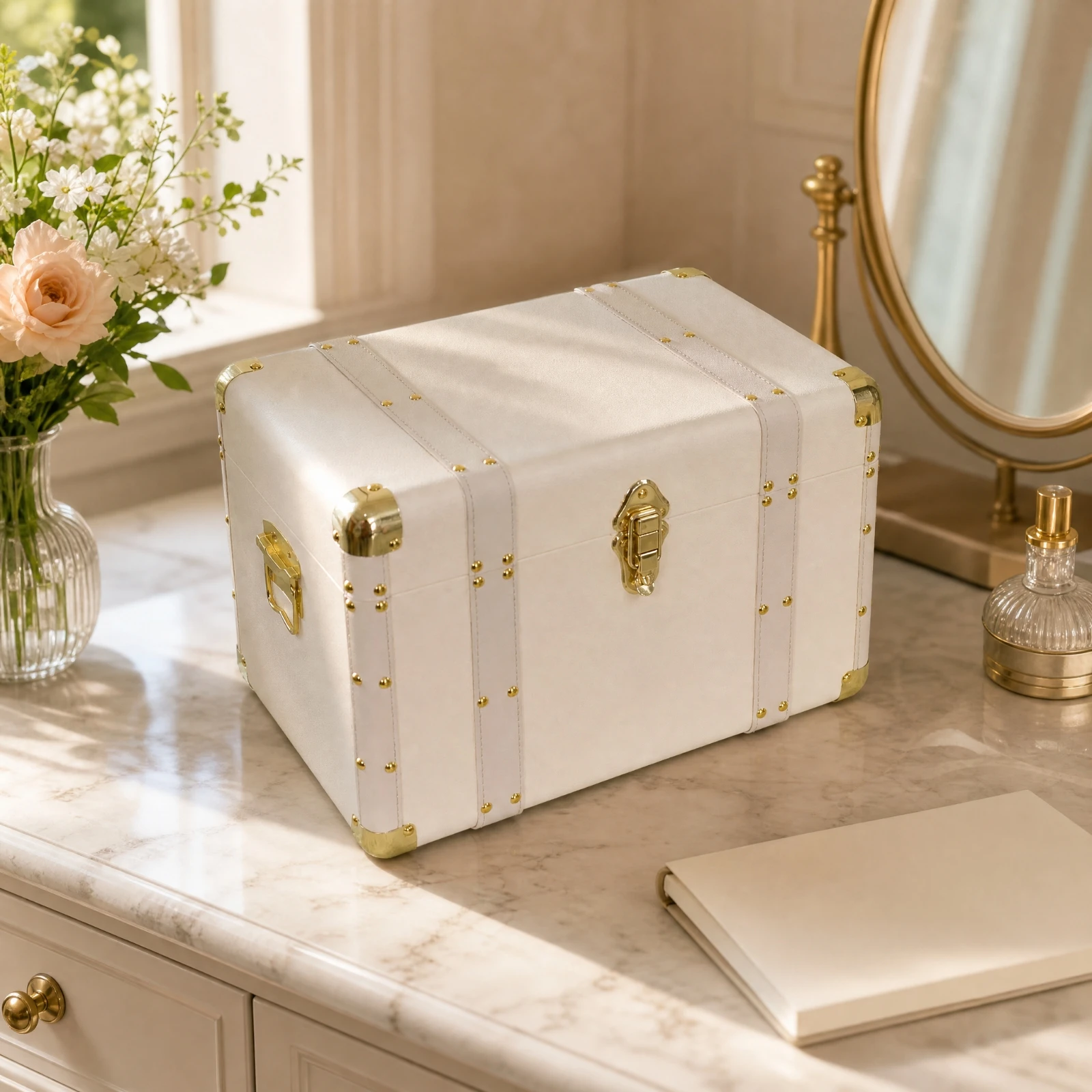 PU Leather Storage Trunk Sturdy Storage Trunk with Metal Corner Protectors Decorative Boxes Multi-Purpose Wipe-Clean