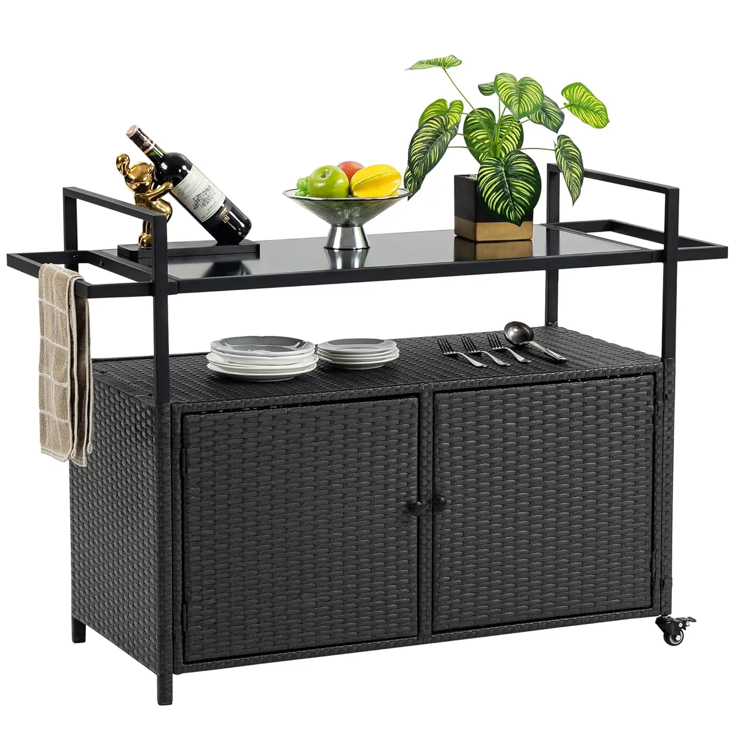 

Outdoor Wicker Bar Cart Storage Cabinet Buffet Table with Wheels Waterproof for Patio BBQ, Customized