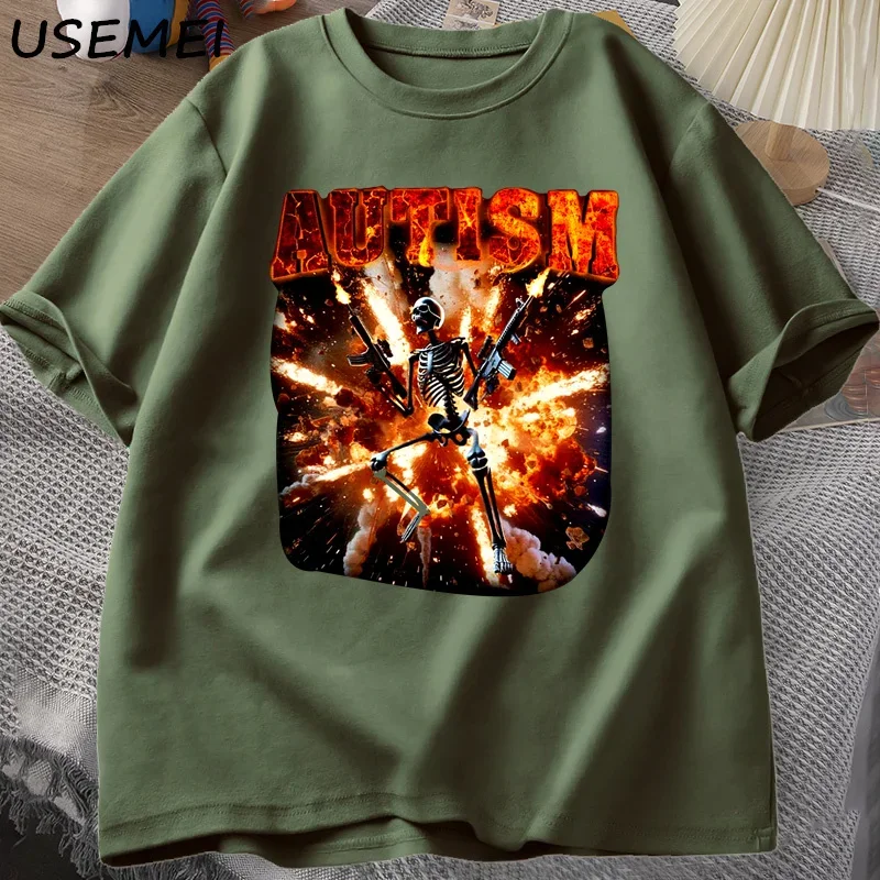 Autista engraçado esqueleto t camisa das mulheres dos homens autismo afiado esqueleto meme camiseta casual algodão manga curta tshirt em torno do