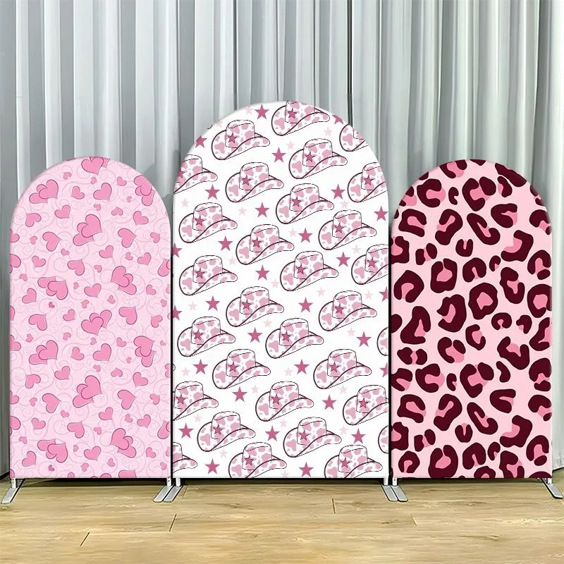 

Single Side Arch Backdrop Cover Pink Heart Leopard and Cowboy Hat Patterned Party Backdrop Set for Event Decorations with Arched