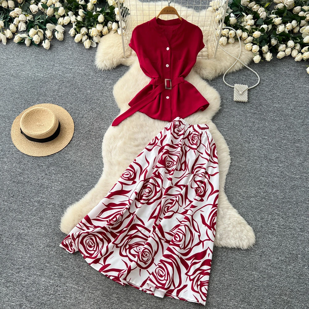 Retro Single Breasted Waist Cinching Sleeveless Top Floral Printing A-line Skirt French Style Fashion Women's Two-piece Set