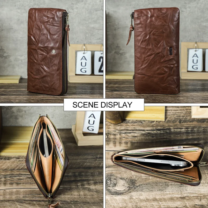 

Hand-held creased genuine leather men's long wallet, RFID large-capacity mobile phone storage, multi-functional business clutch