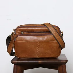 Frosted Leather Crossbody Bag Men's Leather Leisure Shoulder Bag layer Cowhide Multiple Compartments Zipper Small Collapse Bag