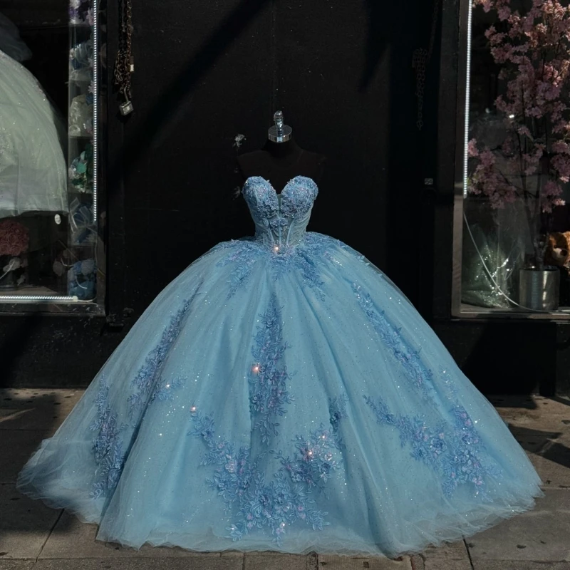 Sky Blue Sparkly Quinceanera Dresses 2024 Off Shoulder Applique Lace Corset vestido 15 años quinceañera Lace-up Sweet 16 Gown