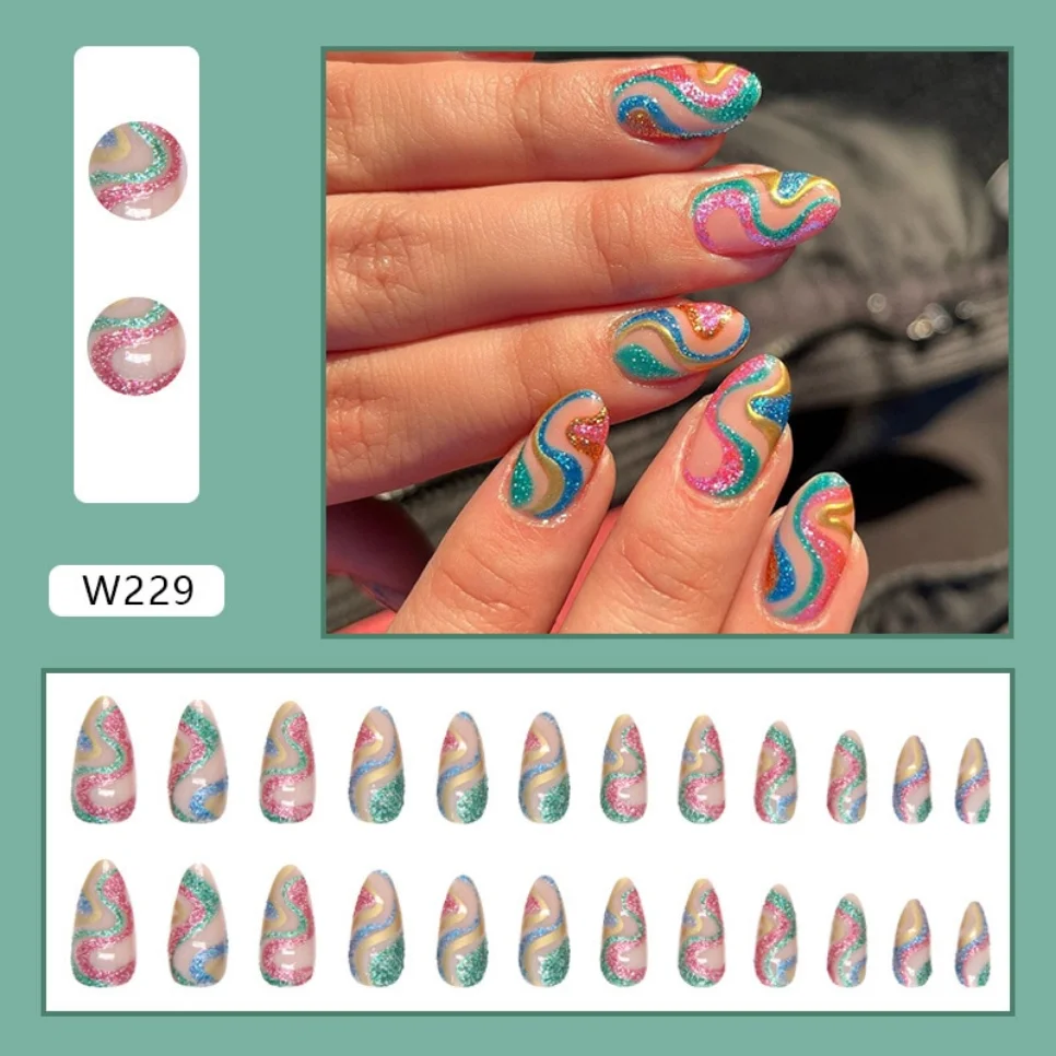 24Pcs/Lot Almond False Nails with Snake Glitter Design French Stiletto Full Cover Fake Nails DIY Manicure Press on Nail Art Tips