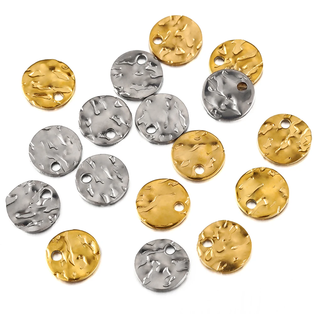30pcs 8-12mm Gold Stainless Steel Round Hammered Charms Pendant for DIY Earrings Bracelet Necklace Jewelry Making Wholesale