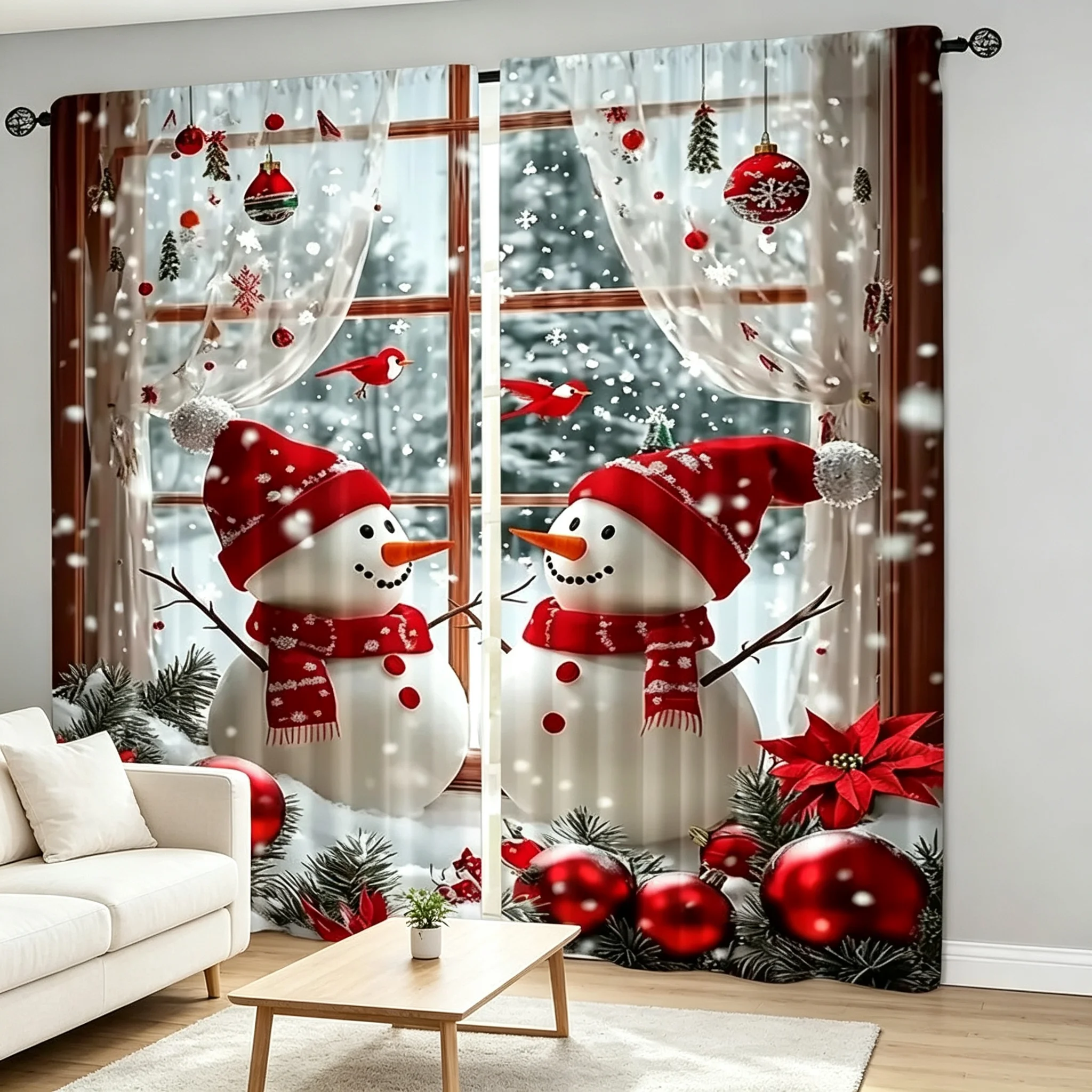 2PCS Digital Print Curtains, Two Snowmen Red Hats Scarves Red Birds Poinsettia Window, Christmas for Living Room Bedroom Decor