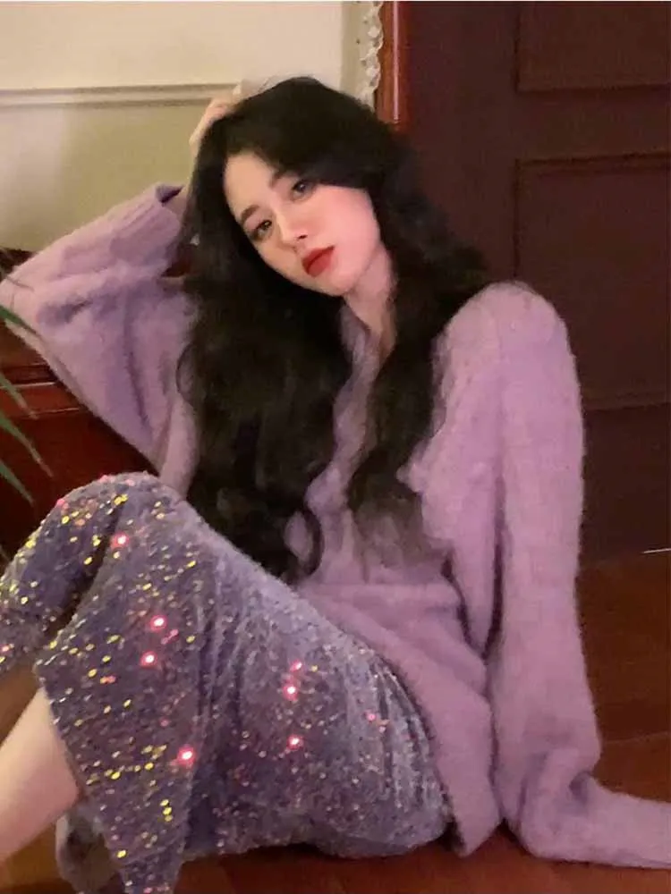 

Romantic Aosphere Knitted Sweater And Skirt Set Women's Faion Ele Long Sve round Ne Casual Sle Autumn Wear