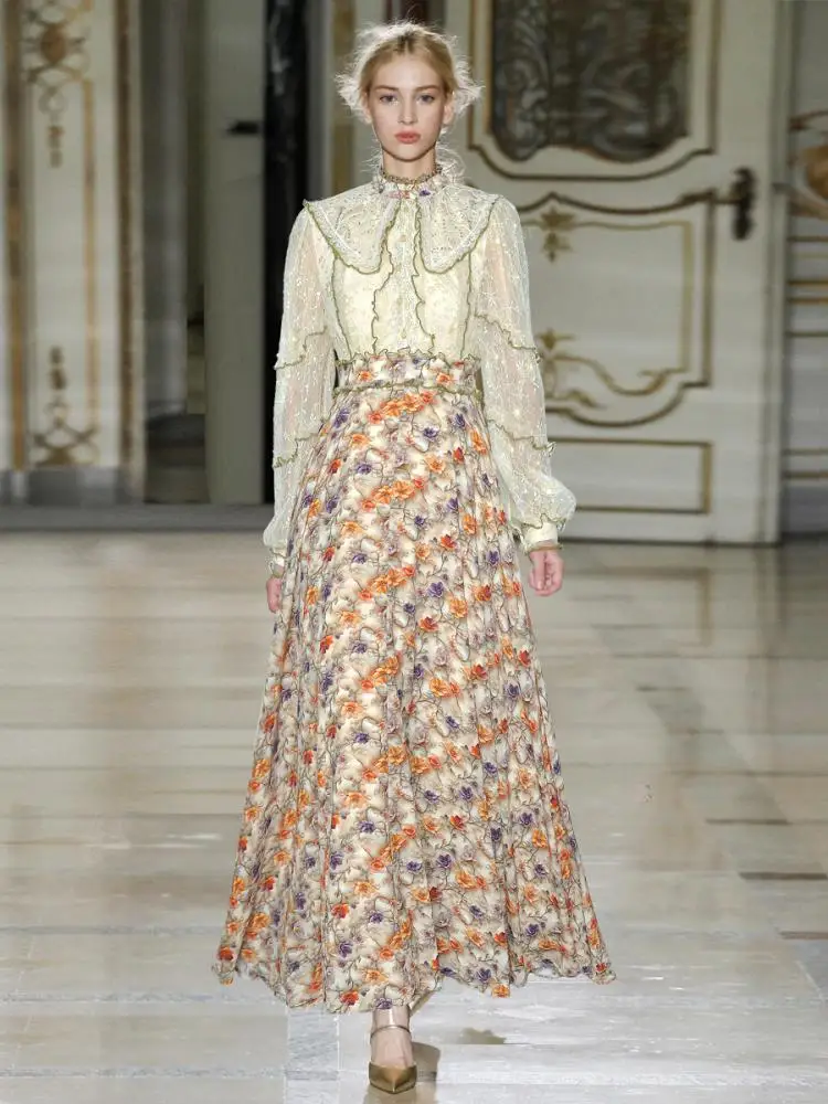 Langes Damenkleid 2025, Frühling, Perlenstickerei, Stehkragen, Pailletten, Spitzennähte, Jacquard, bedruckt, Blumenmuster, Damen-X-Langkleider