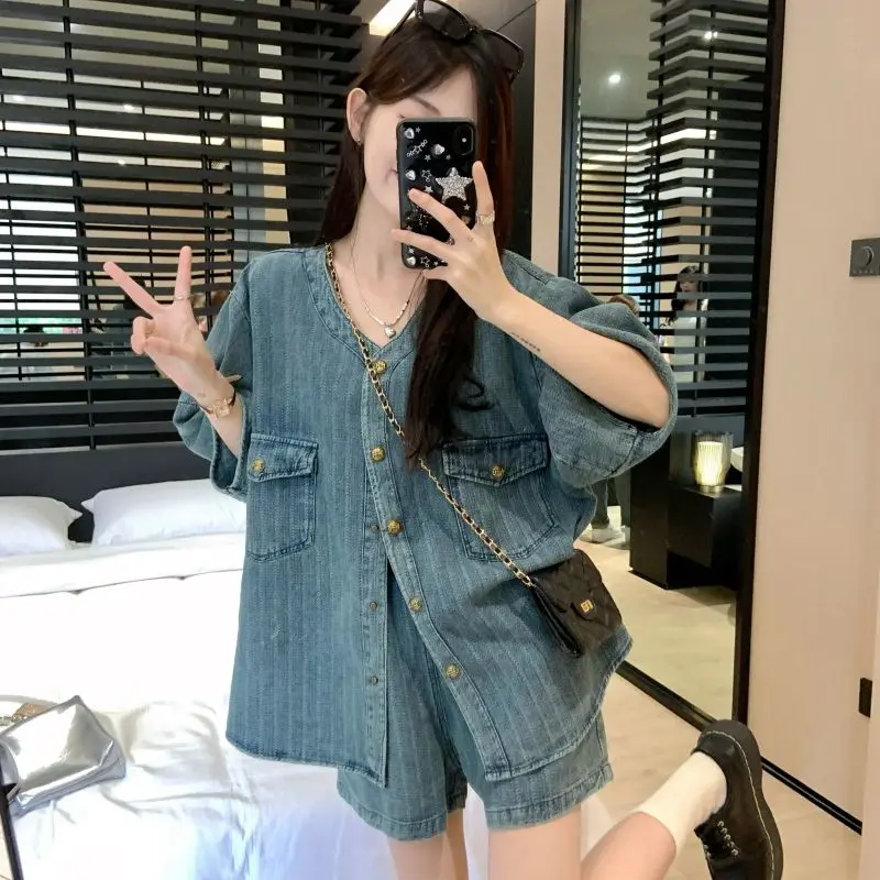 Loose Denim Suit Women Short Coat Top Summer 2024 New Everything Matching Wide Leg Short Pants Fashion Two-piece Set Solid Color