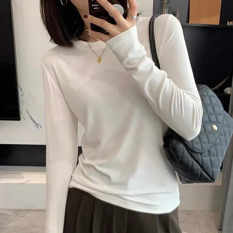zjaiss Trendy O-Neck Base Tee Autumn Winter Slim Fit Shoulder Long Sleeve Women T-shirt Super Soft Mask Versatile Slimming Top