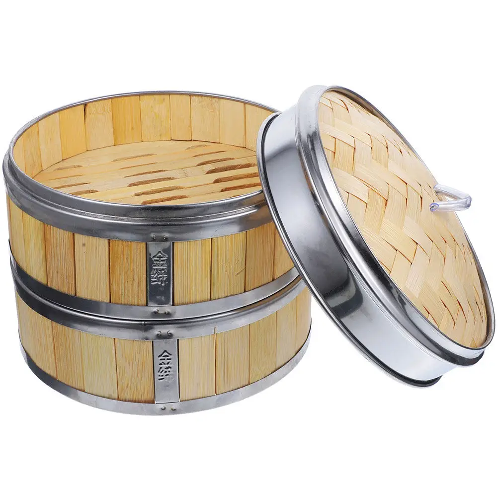 

1Set Stainless Steel Base Bamboo Steamer Basket for Dumplings Buns Vegetables Fish Lobster Healthy Nutrient Retaining Cooking
