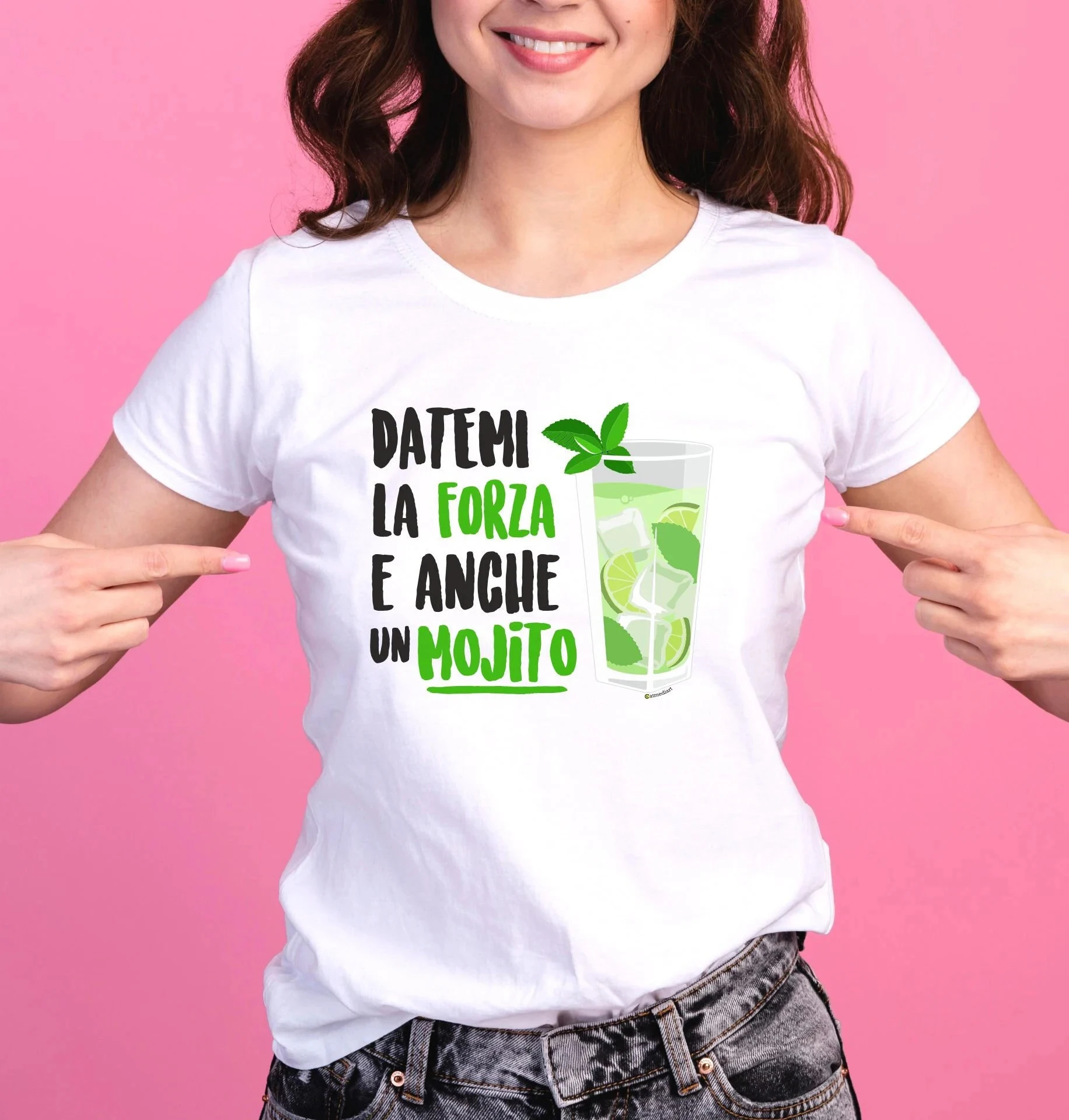 Datemi La Forza E Anche Un Mojito Funny Slogan Women Shirt Cute Cartoon A Glass of Mojito Print Summer Outdoor Simple Tee