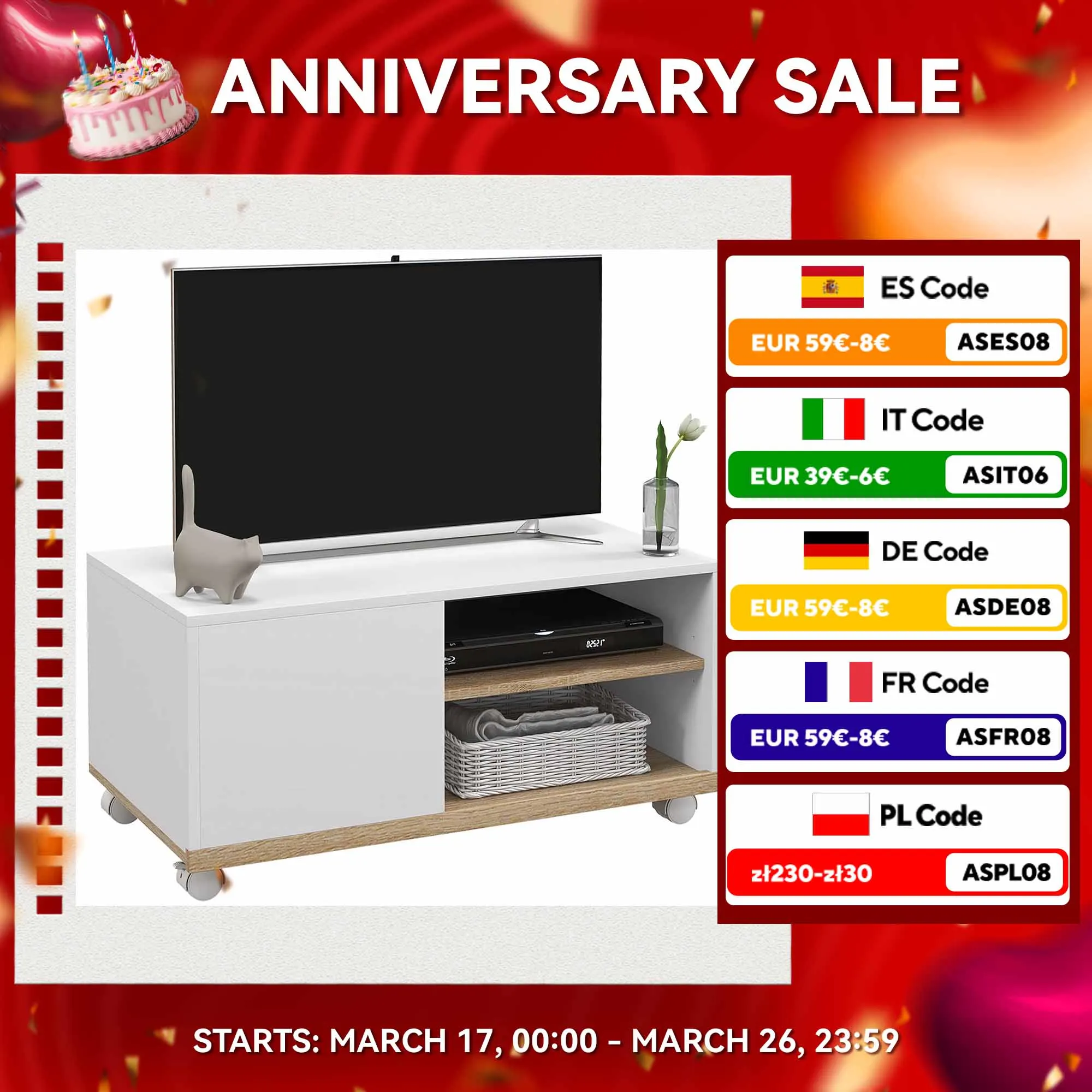 Mobile TV HOMCOM soggiorno con ruote per TV 42 80x45x39,5cm bianco