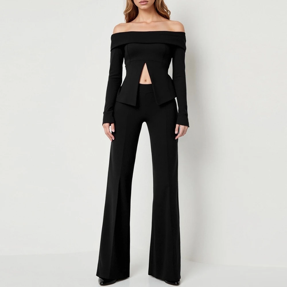 

MiaMuse Women's 2025 Chic Fashion Pantsuits All Seasons Long Sleeve Off Shoulder Full Length Plain Daily Regular Fit Pantsuits