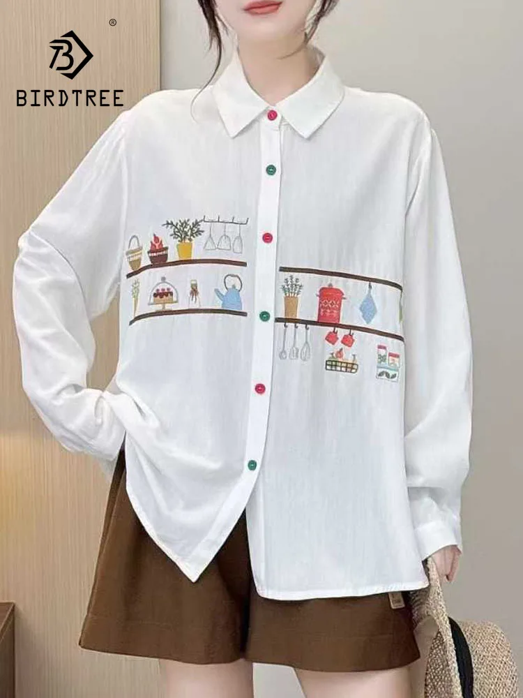 New 2026 Autumn Women Cotton Long Sleeve Shirt, Turn-down Collar Embroidery, Mori Girl Casual Preppy Style Loose Blouse T68251CC